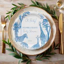 Plato De Papel Girafa de toile azul Safari ducha bebé monogramada
