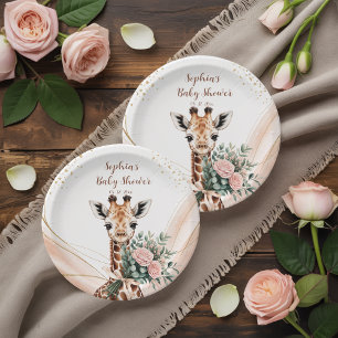Plato De Papel Girafa floral rosa Safari Baby Shower Placa de pap