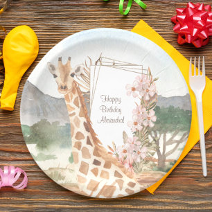Plato De Papel Giraffe acuarela en sabana africana