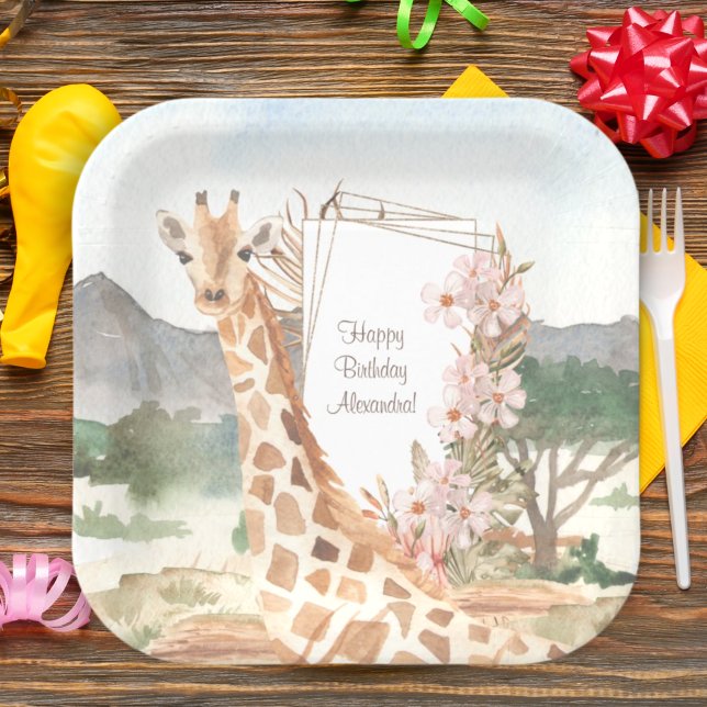 Plato De Papel Giraffe acuarela en sabana africana (Subido por el creador)