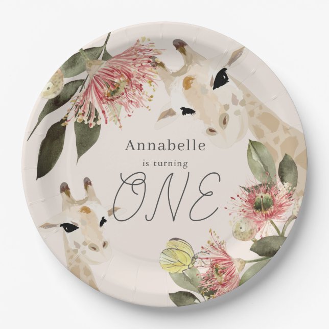 Plato De Papel Giraffe Chica Floral Rosa Primer cumpleaños (Anverso)