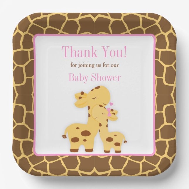 Plato De Papel Giraffe Chica rosado Baby Shower (Anverso)