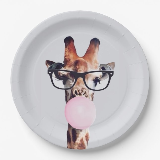 Plato De Papel Giraffe con gafas soplando un chicle rosa (Anverso)
