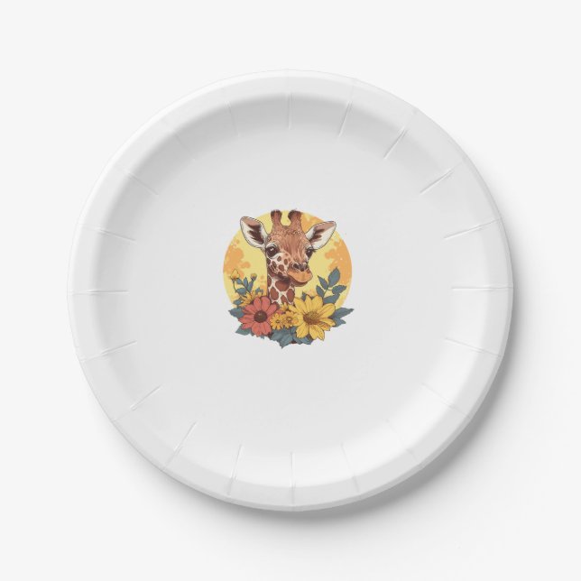 Plato De Papel Giraffe Con Sunflower Y Daisies (Anverso)