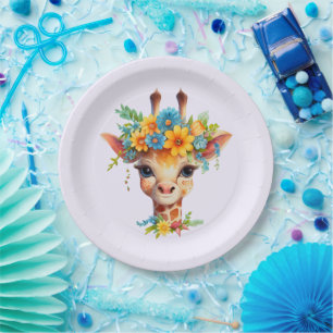 Plato De Papel Giraffe cutánea con corona floral