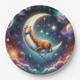 Plato De Papel Giraffe de bebé celestial duerme en la luna y las 