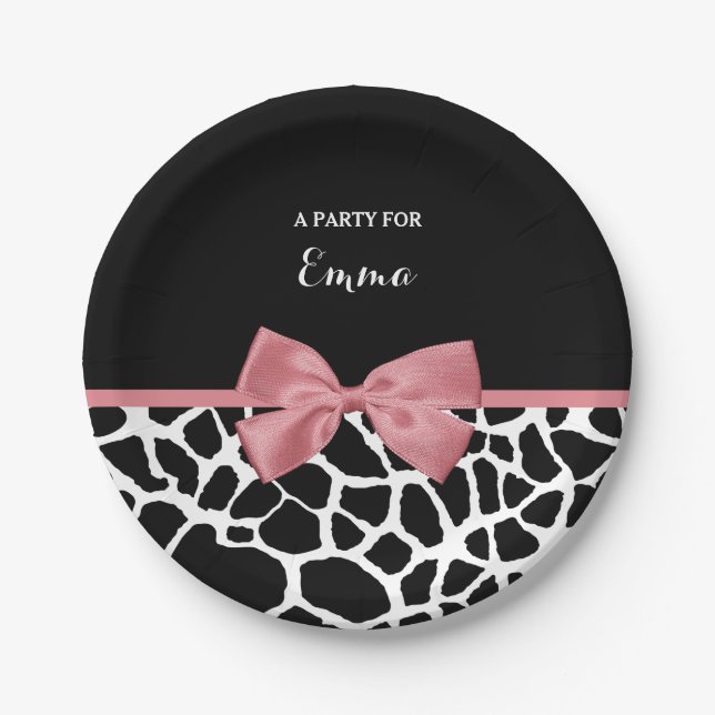 Plato De Papel Giraffe de moda Imprimir rosado rosado con nombre (Anverso)