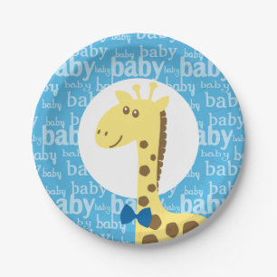 Plato De Papel Giraffe en Baby Shower azul para niño