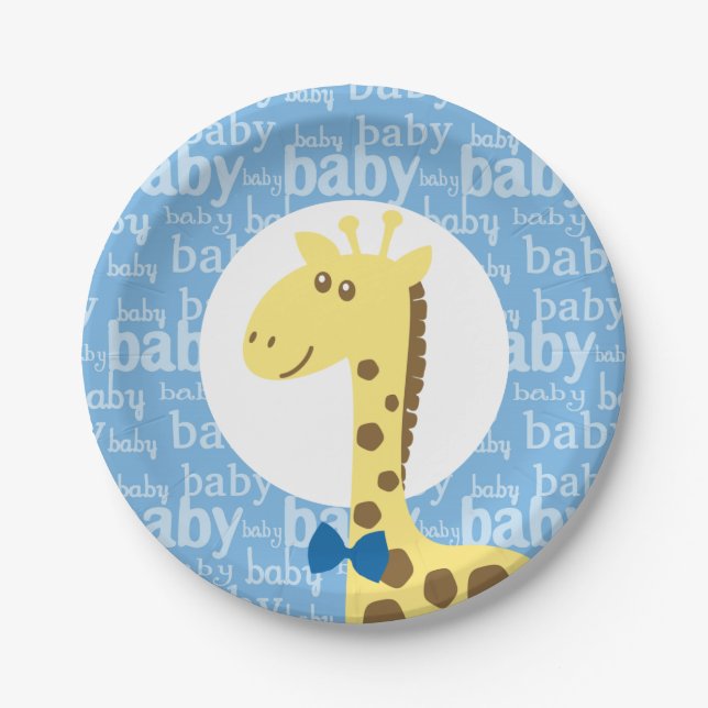 Plato De Papel Giraffe en Baby Shower azul para niño (Anverso)