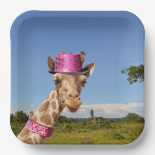 Plato De Papel Giraffe en gorra rosa brillante