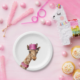 Plato De Papel Giraffe en gorra rosa brillante