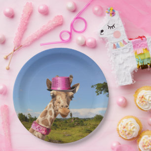 Plato De Papel Giraffe en gorra rosa brillante