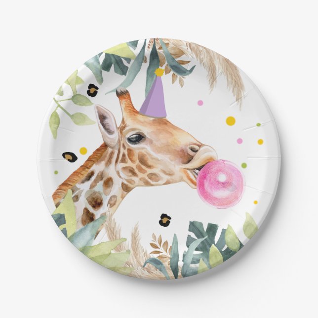 Plato De Papel Giraffe Fiesta Animales Chica Safari (Anverso)