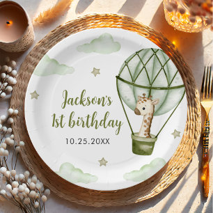 Plato De Papel Giraffe Hot Air Balloon Green Boy 1er cumpleaños
