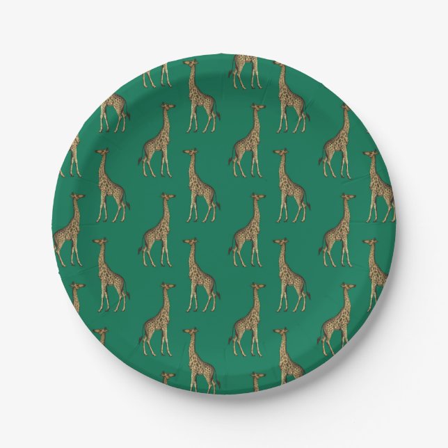 Plato De Papel Giraffe Mamífero verde esmeralda África salvaje (Anverso)