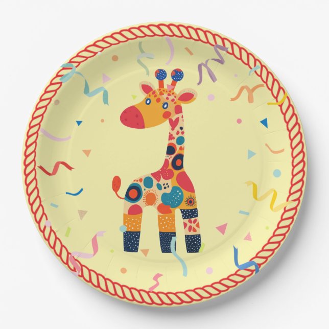 Plato De Papel Giraffe Personalizado colorida con Confetti (Anverso)