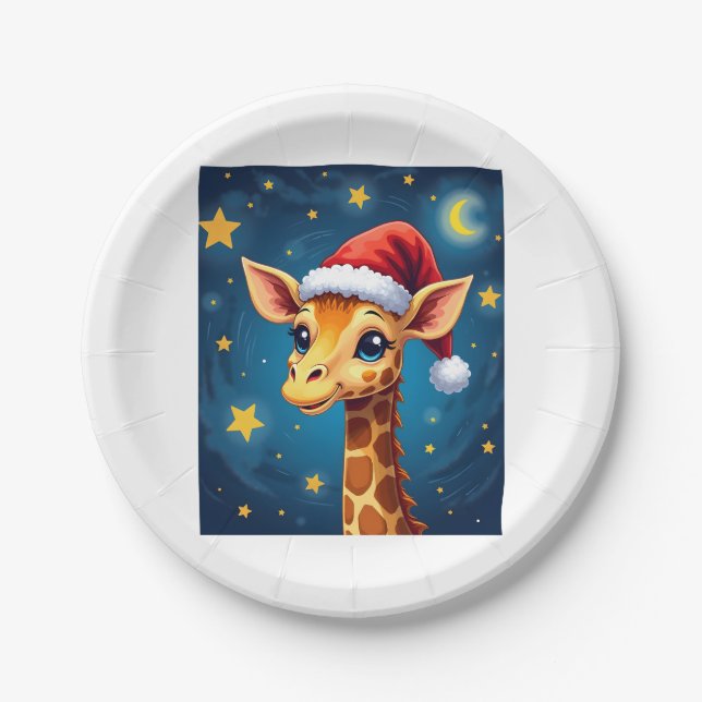 Plato De Papel Giraffe Santa Hat Starry Night Holiday L (Anverso)