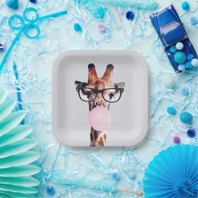 Plato De Papel Giraffe Usando Gafas Que Soplan Goma Rosa De Burbu (Fiesta)