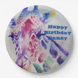 Plato De Papel Giraffe Watercolor boy Placa de papel de cumpleañ