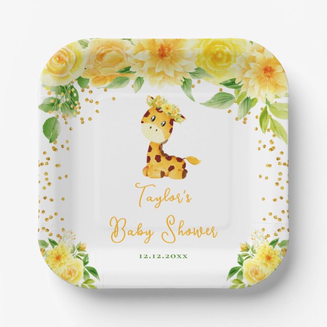 Plato De Papel Giraffe Yellow Floral Baby Shower (Anverso)