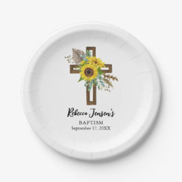 Plato De Papel Girasol Alegre Cruz de Madera Oscura Rústica Boho