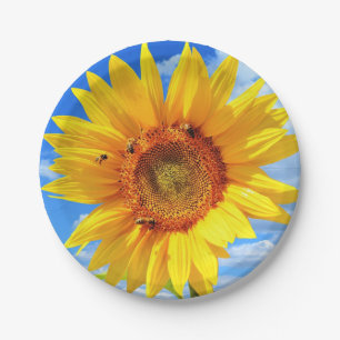 Plato De Papel Girasol amarillo y abejas en el cielo azul - Día d
