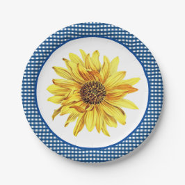 Plato De Papel Girasol con borde de guingam azul / Estilo campest
