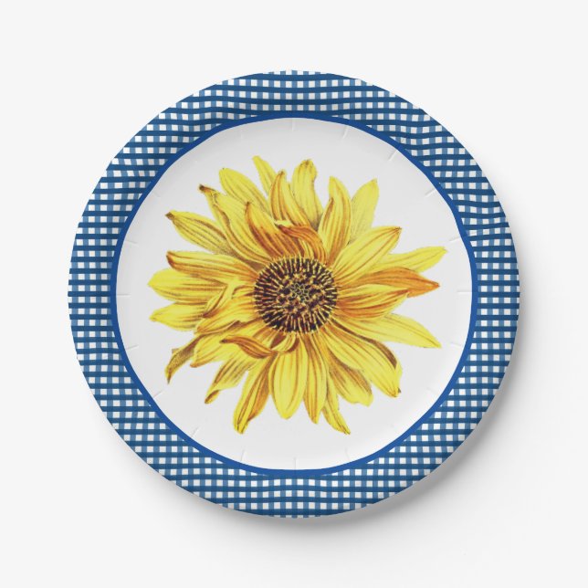 Plato De Papel Girasol con borde de guingam azul / Estilo campest (Anverso)