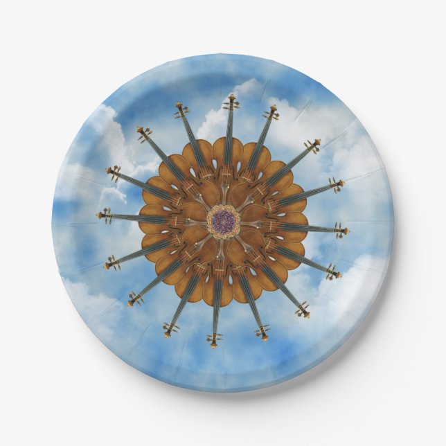 Plato De Papel Girasol del violín en cielo azul nublado (Anverso)
