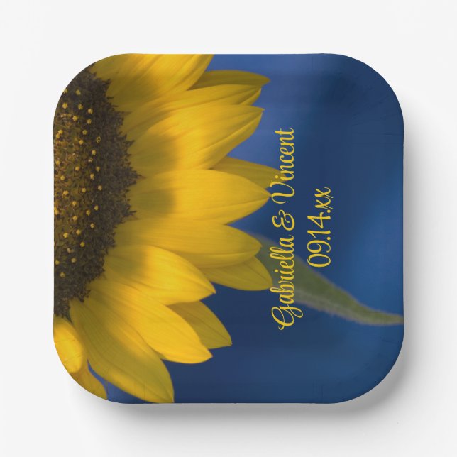 Plato De Papel Girasol en Boda azul (Anverso)