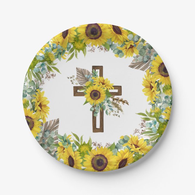 Plato De Papel Girasol Eucalipto Palma Boho Cruz Bautizo (Anverso)