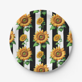 Plato De Papel Girasol Floral Rayas Blancas Negras