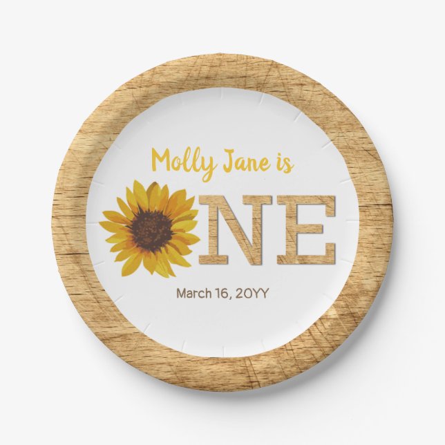 Plato De Papel Girasol Rústico Primer Cumpleaños Boho Watercolor (Anverso)