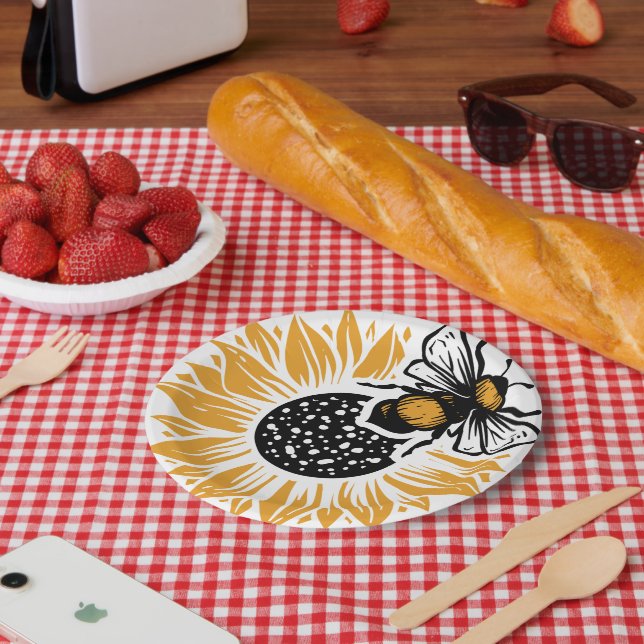 Plato De Papel Girasol y abeja (Picnic)