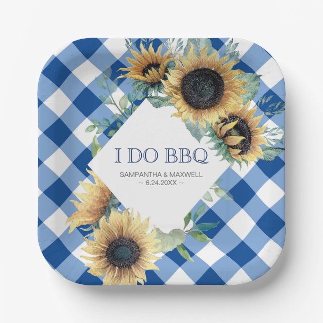 Plato De Papel Girasol y Gingham azul I Do BBQ (Anverso)