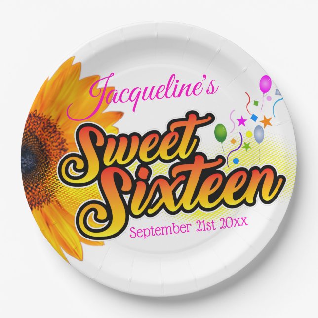 Plato De Papel Girasol y globos sobre dulce blanco Dieciséis (Anverso)