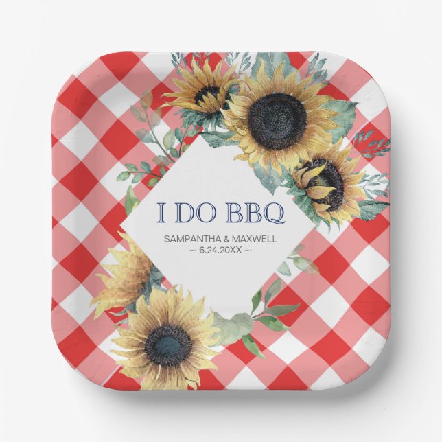 Plato De Papel Girasol y Tartán Rojo I Do BBQ (Anverso)