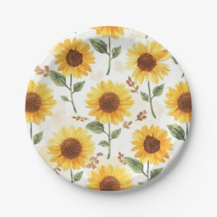 Plato De Papel Girasoles Amarillos Acuarela Floral Caprichoso