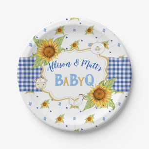 Plato De Papel Girasoles Country Azul Gingham Baby Q Barbacoa