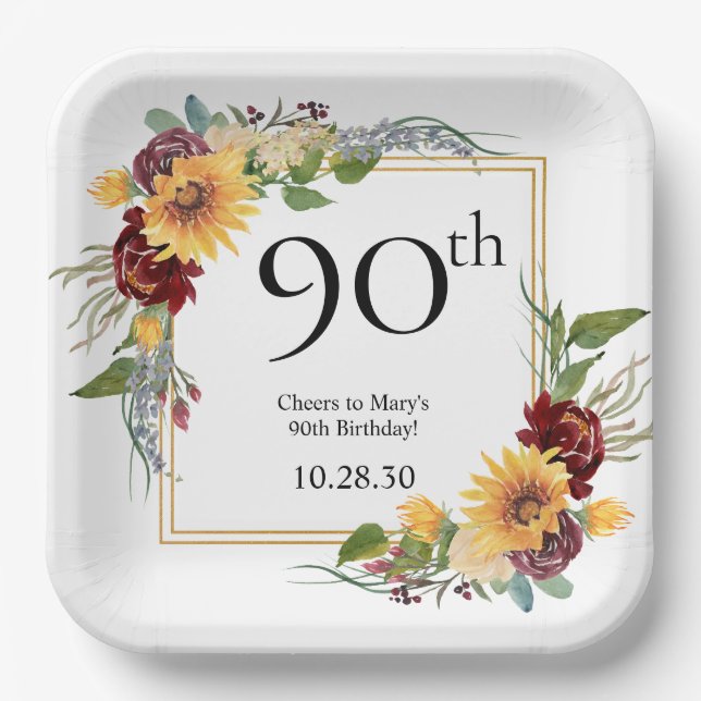 Plato De Papel Girasoles Cumpleaños 90 (Anverso)