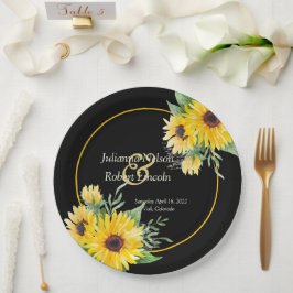 Plato De Papel Girasoles en acuarela sobre boda negra  