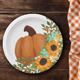 Plato De Papel Girasoles encantadores y calabaza naranja