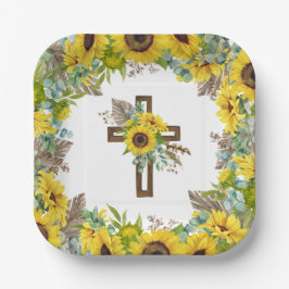 Plato De Papel Girasoles Eucalipto Palma Boho Cuadrado Bautizo