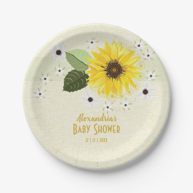 Plato De Papel Girasoles Flores de Lino Baby Shower (Anverso)