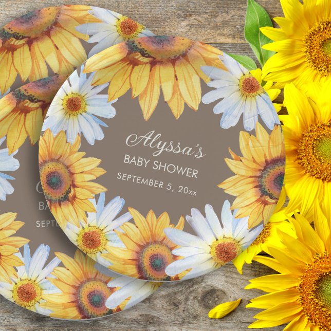 Plato De Papel Girasoles Margaritas Blancas Fiesta de Bebé (Sunflowers and white daisies on brown custom baby shower paper plates. )