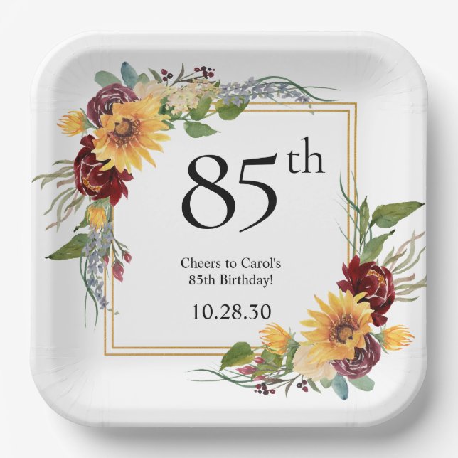 Plato De Papel Girasoles por el 85 cumpleaños (Anverso)