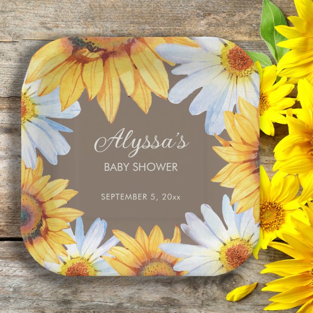 Plato De Papel Girasoles Rústicos Margaritas Blancas Ducha de Beb (Sunflowers and daisies on brown baby shower custom paper plate. )