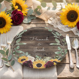 Plato De Papel Girasoles Rústicos y Rosas Boda de Madera