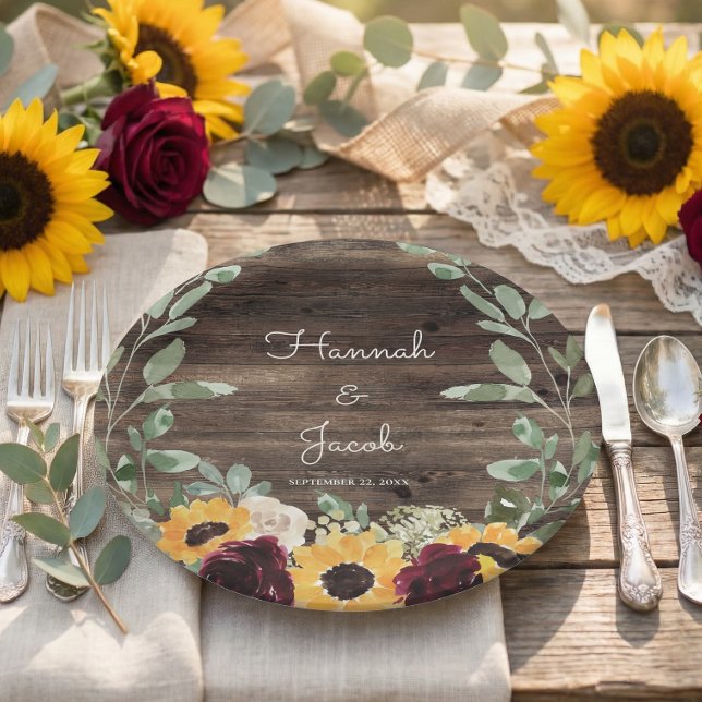 Plato De Papel Girasoles Rústicos y Rosas Boda de Madera (Subido por el creador)