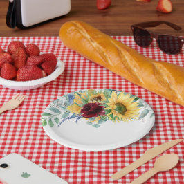 Plato De Papel Girasoles rústicos y rosas florales en acuarela